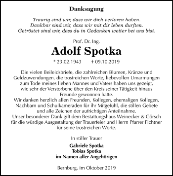 Traueranzeige von Adolf Spotka von Mitteldeutsche Zeitung Bernburg