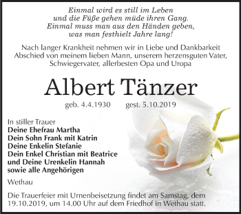 Traueranzeige von Albert Tänzer von Wochenspiegel Naumburg/Nebra