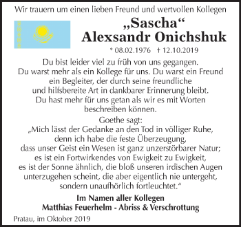 Traueranzeige von Alexsandr Onichshuk von Super Sonntag Wittenberg