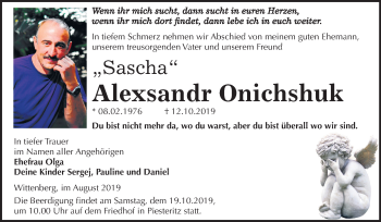 Traueranzeige von Alexsandr Onichshuk von Mitteldeutsche Zeitung Wittenberg