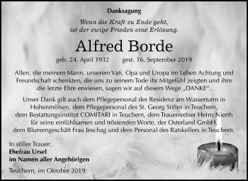 Traueranzeige von Alfred Borde von Wochenspiegel Weißenfels