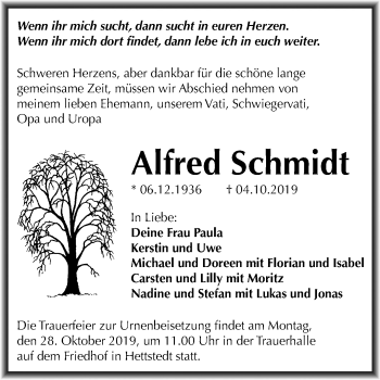 Traueranzeige von Alfred Schmidt von Mitteldeutsche Zeitung Mansfelder Land