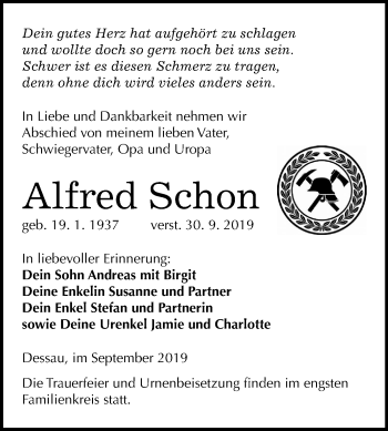 Traueranzeige von Alfred Schon von Super Sonntag Dessau-Roßlau
