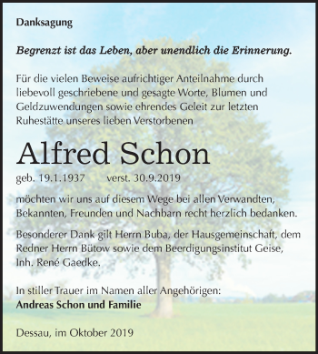 Traueranzeige von Alfred Schon von Mitteldeutsche Zeitung Dessau-Roßlau
