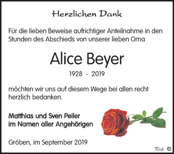 Traueranzeige von Alice Beyer von Wochenspiegel Weißenfels