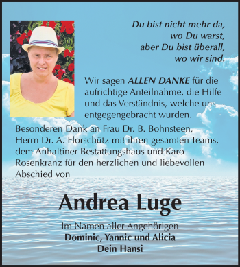 Traueranzeige von Andrea Luge von Mitteldeutsche Zeitung Dessau-Roßlau