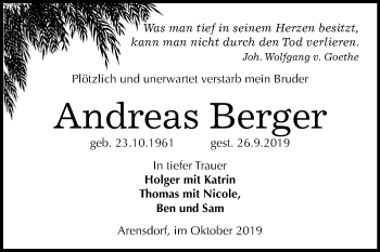 Traueranzeige von Andreas Berger von Mitteldeutsche Zeitung Köthen