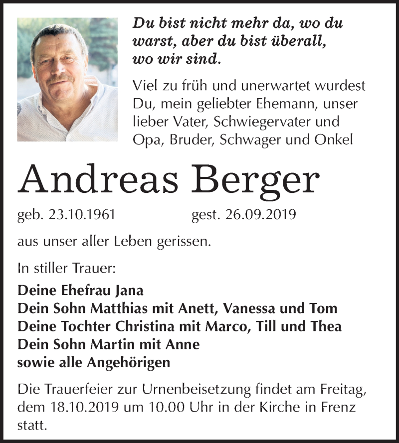  Traueranzeige für Andreas Berger vom 01.10.2019 aus Mitteldeutsche Zeitung Köthen