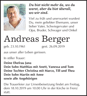 Traueranzeige von Andreas Berger von Super Sonntag Köthen