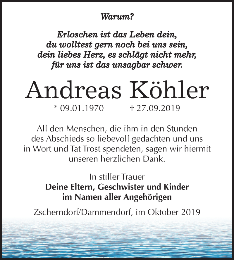  Traueranzeige für Andreas Köhler vom 26.10.2019 aus Mitteldeutsche Zeitung Bitterfeld