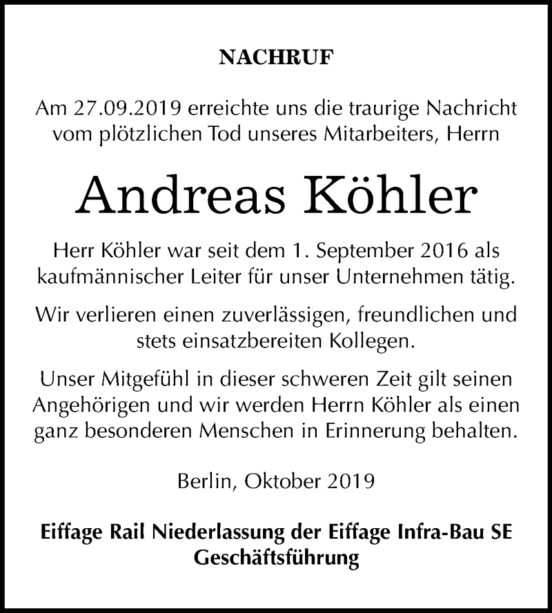  Traueranzeige für Andreas Köhler vom 26.10.2019 aus Mitteldeutsche Zeitung Halle/Saalkreis