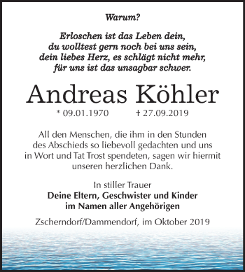 Traueranzeige von Andreas Köhler von Mitteldeutsche Zeitung Bitterfeld