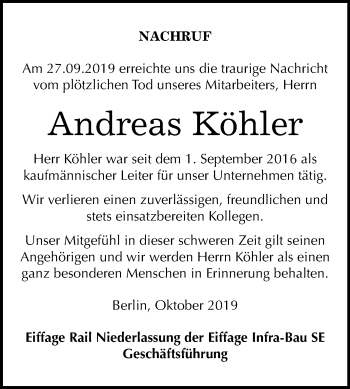 Traueranzeige von Andreas Köhler von Mitteldeutsche Zeitung Halle/Saalkreis