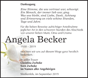 Traueranzeige von Angela Becker von Wochenspiegel Weißenfels