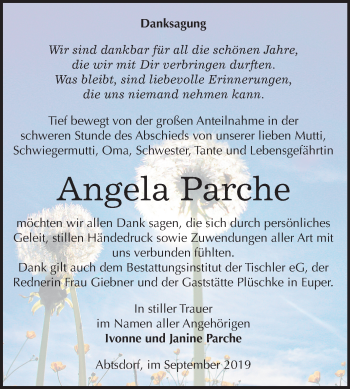 Traueranzeige von Angela Parche von Super Sonntag Wittenberg