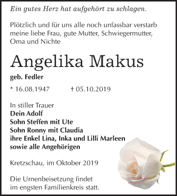Traueranzeige von Angelika Makus von Mitteldeutsche Zeitung Zeitz