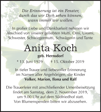 Traueranzeige von Anita Koch von Mitteldeutsche Zeitung Halle/Saalkreis