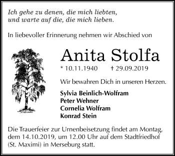 Traueranzeige von Anita Stolfa von Mitteldeutsche Zeitung Merseburg/Querfurt