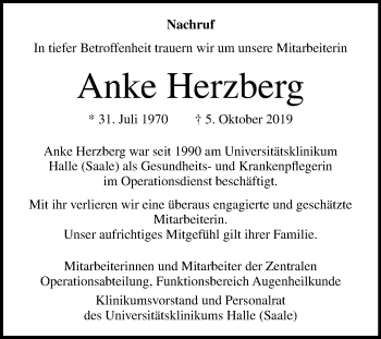 Traueranzeige von Anke Herzberg von Mitteldeutsche Zeitung Halle/Saalkreis
