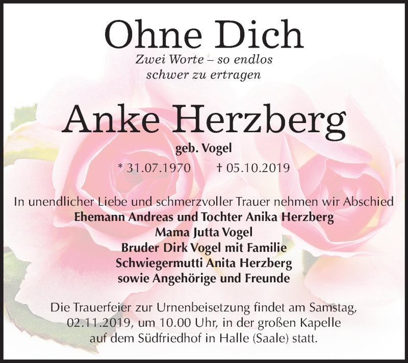 Traueranzeige für Anke Herzberg vom 19.10.2019 aus Mitteldeutsche Zeitung Halle/Saalkreis
