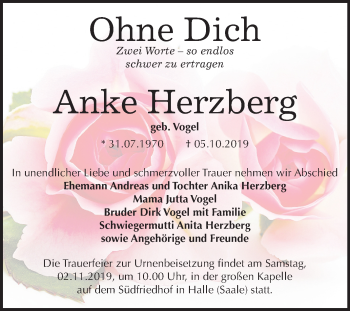 Traueranzeige von Anke Herzberg von Mitteldeutsche Zeitung Halle/Saalkreis