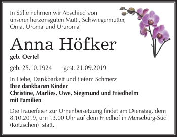 Traueranzeige von Anna Höfker von Super Sonntag Merseburg/Querfurt