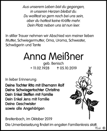 Traueranzeige von Anna Meißner von Mitteldeutsche Zeitung Zeitz