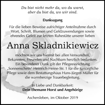 Traueranzeige von Anna Skladnikiewicz von Wochenspiegel Aschersleben