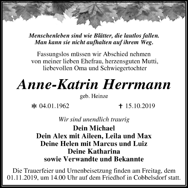  Traueranzeige für Anne-Katrin Herrmann vom 26.10.2019 aus Super Sonntag Wittenberg
