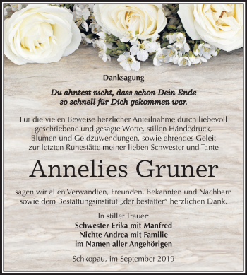 Traueranzeige von Annelies Gruner von Super Sonntag Merseburg/Querfurt