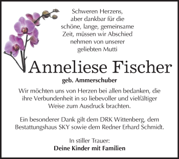 Traueranzeige von Anneliese Fischer von Super Sonntag Wittenberg