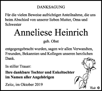 Traueranzeige von Anneliese Heinrich von Super Sonntag Zeitz