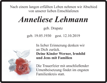 Traueranzeige von Anneliese Lehmann von Super Sonntag Quedlinburg