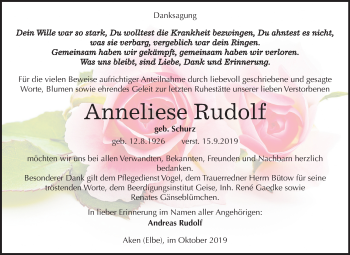 Traueranzeige von Anneliese Rudolf von Mitteldeutsche Zeitung Köthen