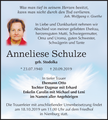 Traueranzeige von Anneliese Schulze von Super Sonntag Bernburg