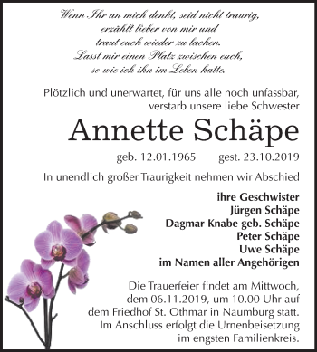 Traueranzeige von Annette Schäpe von Wochenspiegel Naumburg/Nebra