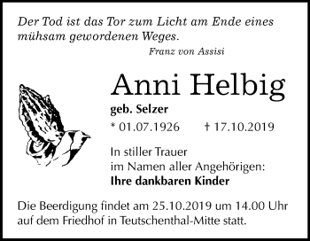 Traueranzeige von Anni Helbig von Mitteldeutsche Zeitung Halle/Saalkreis