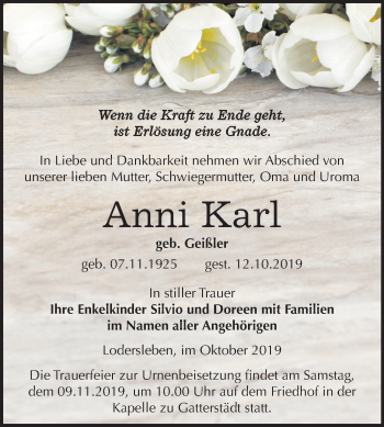 Traueranzeige von Anni Karl von Wochenspiegel Merseburg/Querfurt