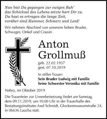Traueranzeige von Anton Grollmuß von Wochenspiegel Naumburg/Nebra