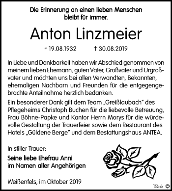 Traueranzeige von Anton Linzmeier von Wochenspiegel Weißenfels