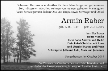 Traueranzeige von Armin Raber von Super Sonntag Sangerhausen