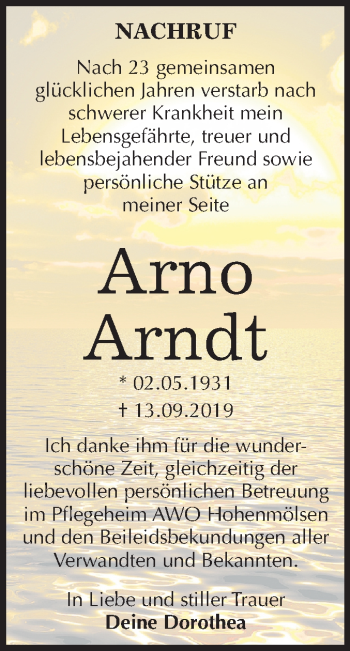 Traueranzeige von Arno Arndt von Mitteldeutsche Zeitung Weißenfels