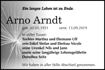 Traueranzeige von Arno Arndt von Wochenspiegel Weißenfels