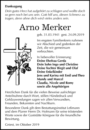 Traueranzeige von Arno Merker von Super Sonntag Wittenberg
