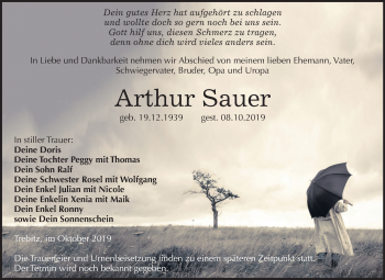 Traueranzeige von Arthur Sauer von Mitteldeutsche Zeitung Wittenberg