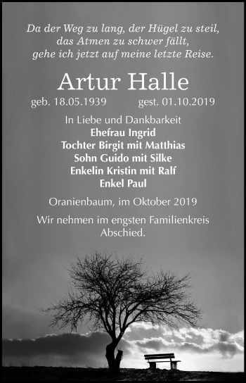 Traueranzeige von Artur Halle von Super Sonntag Wittenberg