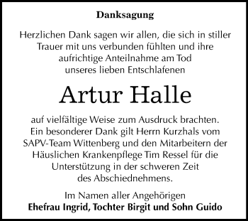 Traueranzeige von Artur Halle von Super Sonntag Wittenberg