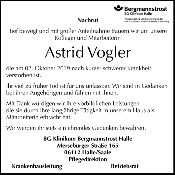 Traueranzeige von Astrid Vogler von Mitteldeutsche Zeitung Halle/Saalkreis