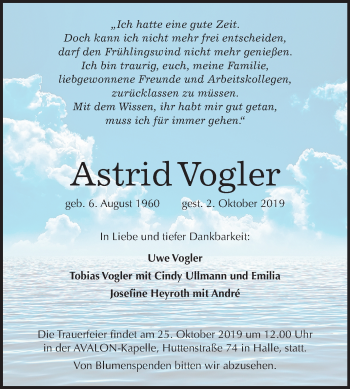 Traueranzeige von Astrid Vogler von Mitteldeutsche Zeitung Mansfelder Land / Halle/Saalkreis