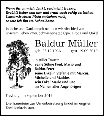 Traueranzeige von Baldur Müller von Mitteldeutsche Zeitung Naumburg/Nebra